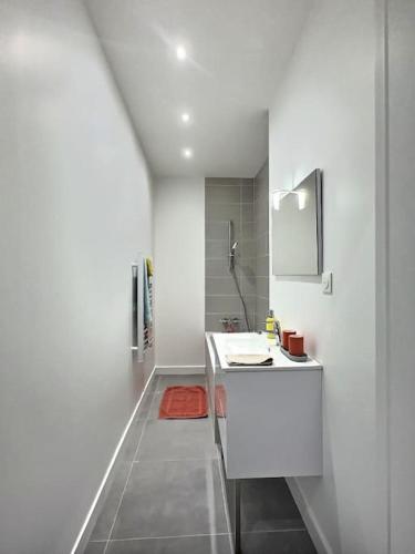 une salle de bain blanche avec un lavabo et un miroir dans l'établissement Grande maison rénovée 15mn Lyon,35mn Eurexpo, à Brindas