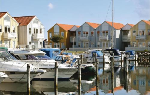 a group of boats docked in a marina with houses at Apartment Skudehavnen Rudkøbing in Rudkøbing