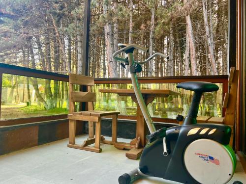a room with a bench and a scooter next to a window at Milenium magic villas on Sevan beach in Sevan