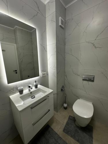 a bathroom with a sink and a toilet and a mirror at Zenit Apartment Oradea in Oradea