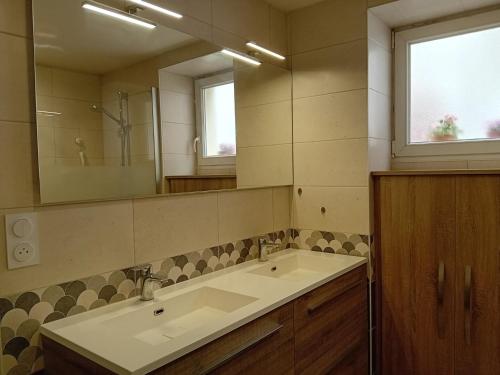 une salle de bain avec un lavabo et un miroir dans l'établissement Charmante maison de ville proche rivière, à Saint-Maixent-lʼÉcole