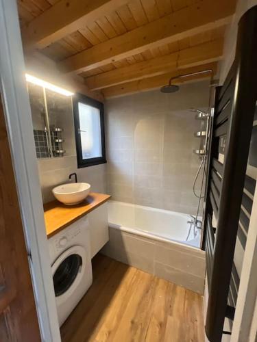 une salle de bain avec un lavabo et une machine à laver dans l'établissement Emplacement exceptionnel- le Maona - Alpe D'huez, à Huez