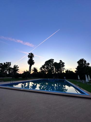 a kite flying in the sky over a swimming pool at Villa Garden in Sabaudia