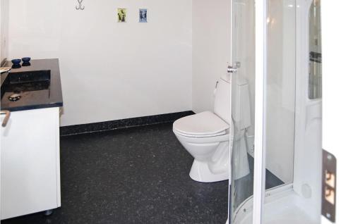 a bathroom with a white toilet and a shower at Seven-Bedroom Holiday Home In Bredebro in Bredebro