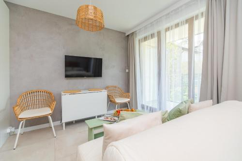 a living room with a couch and a tv at APARTAMENTY MIERZEJA - STEGNA PARK STUDIO, 500 m od plaży, bezpłatny meleks in Stegna
