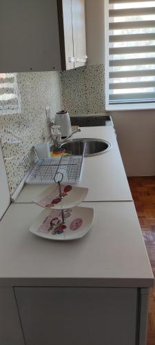 a kitchen counter with two dishes and a sink at Stan Vogosca in Vogošća