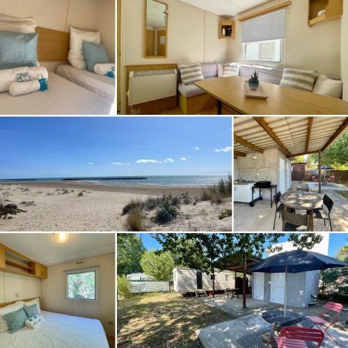 un collage de photos d'une chambre et d'une plage dans l'établissement Bungalow à la plage, au Grau-dʼAgde