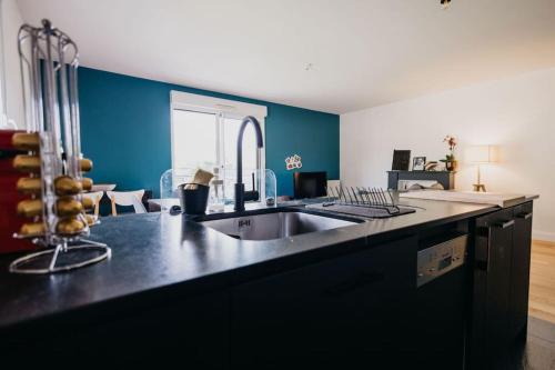- une cuisine avec un évier et un mur bleu dans l'établissement Appartement cosy avec wifi à 15 min de Rennes, à Crévin