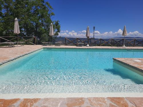 a swimming pool with blue water and umbrellas at Agriturismo Tenuta Conti Faina in Fratta Todina