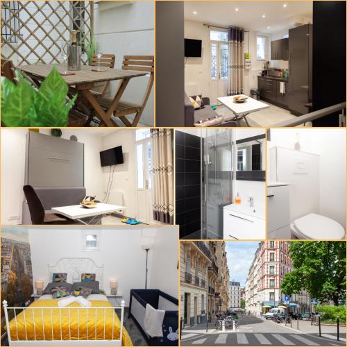 un collage de photos d'une chambre dans l'établissement Petit bijou dans le centre de Paris, à Paris