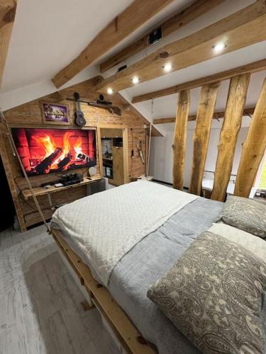 a bedroom with a large bed and a tv at Storm Cottage in the Countryside in Parczów