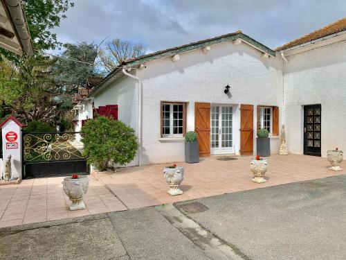 a white house with flower pots in front of it at Domaine du cheval d’argent in Saiguède