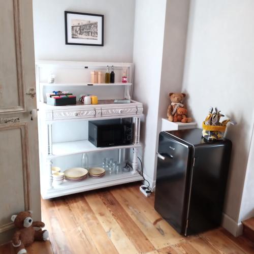 - une cuisine avec un réfrigérateur noir dans la chambre dans l'établissement Chambre Nounours et Paillette, à Braye-sous-Faye
