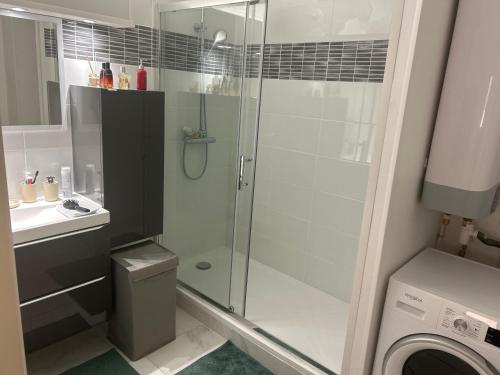 une salle de bain avec douche et machine à laver dans l'établissement Appartement spacieux climatisé piscines, à Cannes