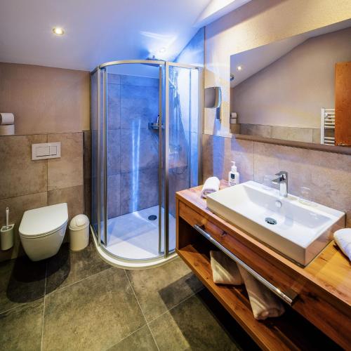 a bathroom with a shower and a sink and a toilet at Apart Matschöl in Serfaus