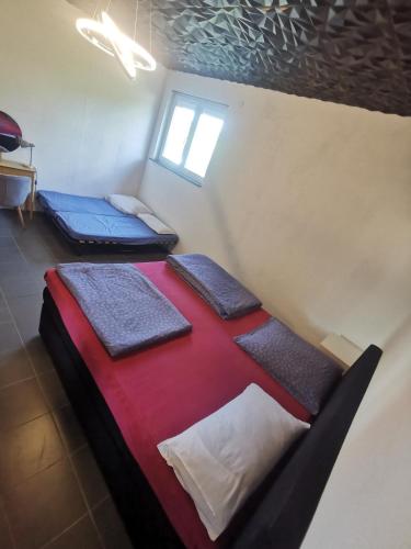 a room with two beds and a window at Ferienwohnung mit Garten und terasse Münsingen in Münsingen
