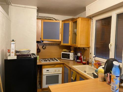 Elle comprend une petite cuisine avec des placards en bois et un réfrigérateur noir. dans l'établissement Appartement de charme à Créteil, à Créteil