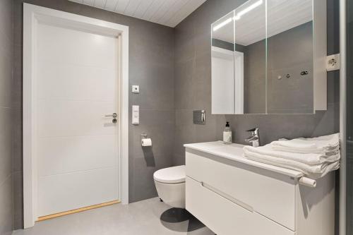 a bathroom with a toilet and a sink and a mirror at Sommerhus ved Iddefjorden in Halden