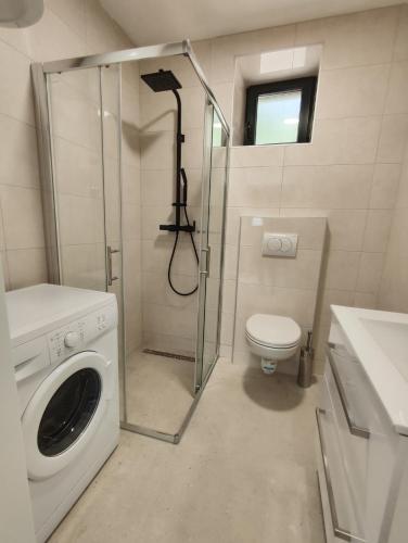a bathroom with a washing machine and a toilet at Villa Lucija in Ploče