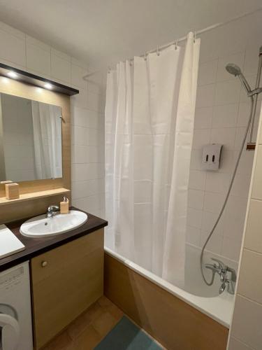 une salle de bain avec un rideau de douche et un lavabo dans l'établissement Bel appartement T3 pour 6 à 8 personnes à Brides-Les-Bains, à Brides-les-Bains