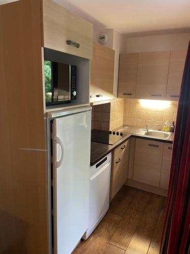 une cuisine avec un réfrigérateur blanc et un évier dans l'établissement Bel appartement T3 pour 6 à 8 personnes à Brides-Les-Bains, à Brides-les-Bains
