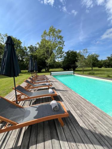 une rangée de chaises longues avec parasols à côté d'une piscine dans l'établissement Château la Maronne, Maison de Maître avec piscine, à Mauriac