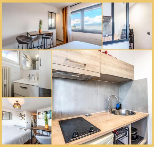 un collage de photos d'une cuisine dans une petite maison dans l'établissement Chez Norah I Annemasse, à Annemasse