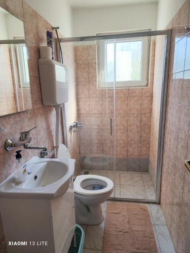 a bathroom with a toilet and a sink and a shower at Apartmani Bezek in Ston