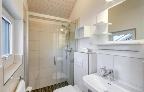 a bathroom with a shower and a toilet and a sink at Lovely Home In Krems Iiwarderbrück in Göls