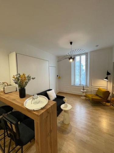 un grand salon avec une table et des chaises dans l'établissement Studio centre au calme avec parking privé, à Cannes