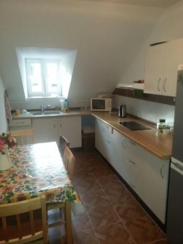 a kitchen with a table and a sink and a counter top at Penzion Domanín in Třeboň