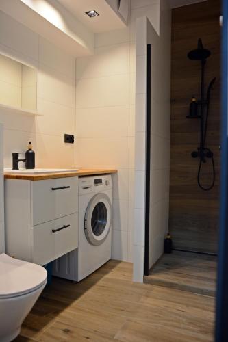 a bathroom with a washing machine and a toilet at Apartament Młyńska 26 in Augustów