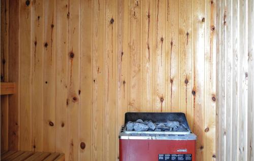 a wooden wall with a red appliance in a room at Holiday Home Baunebjergvej Sande V H in Havrvig