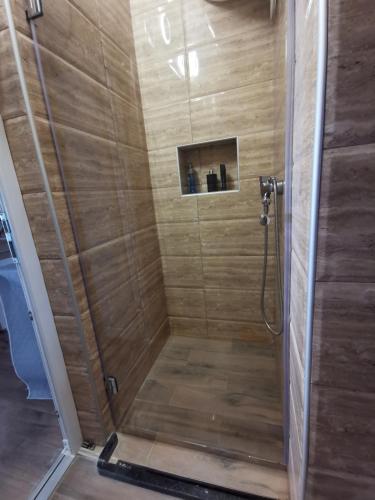a shower with a glass door in a bathroom at The Location Central Town Apartament in Kragujevac