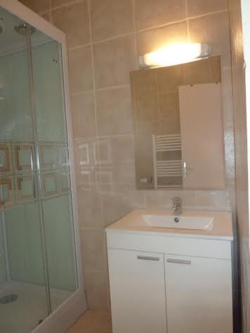 une salle de bain avec un lavabo et une douche avec un miroir dans l'établissement Gîte Coquelicot cadre idyllique au calme, à Castels