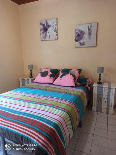 - une chambre avec un lit et une couverture colorée dans l'établissement Gîte Coquelicot cadre idyllique au calme, à Castels