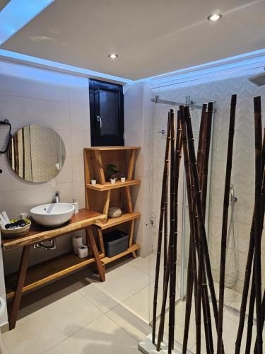 a bathroom with a sink and a mirror at Dimitra's Paradise Villa in Lygia
