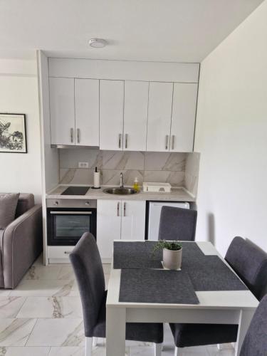 a kitchen with a table and chairs in a room at Apartman Djole in Veliko Gradište