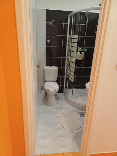 a bathroom with a toilet and a bath tub at Guest house Slatki Snovi in Knin