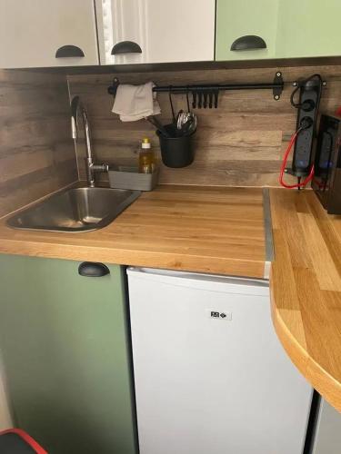 une cuisine avec un évier et un comptoir dans l'établissement Appartement charmant à Vichy, 28 m², parking inclus, à Vichy