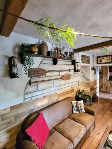 - un salon avec un canapé brun et un mur dans l'établissement Dormir Chez les Pirates charme & confort à 10 min de Colmar, à Sainte-Croix-en-Plaine