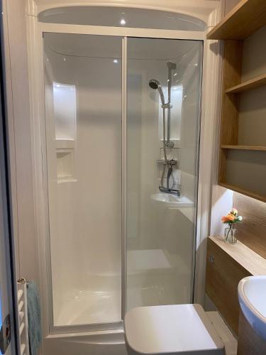 a shower with a glass door in a bathroom at Swift Mosselle Pitch 24 Creek Caravan Park dog friendly in Ringstead