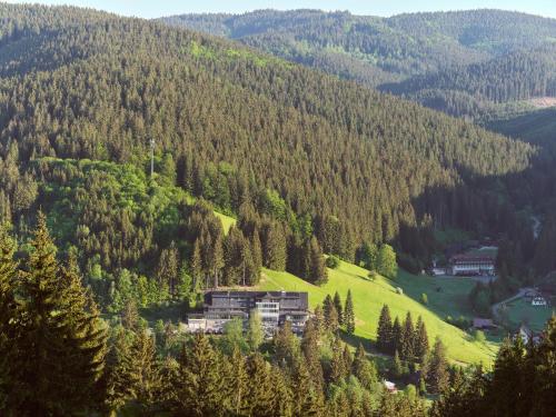 a building on a hill in the middle of a forest at Spa hotel Lanterna in Velké Karlovice