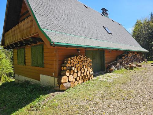 a building with a pile of logs in front of it at Baranówka in Kamesznica