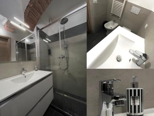 two pictures of a bathroom with a sink and a shower at Casa delle Belle Donne in Pisa