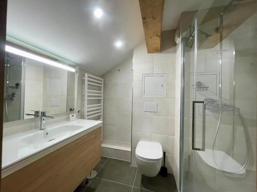 une salle de bain avec un lavabo, des toilettes et une douche dans l'établissement Homency - Résidence Fermes de l'Alpe D302, à L'Alpe-d'Huez