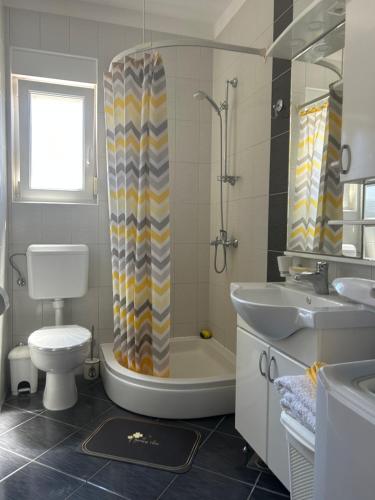 a bathroom with a toilet and a shower and a sink at Villa MILICA in Barbat na Rabu