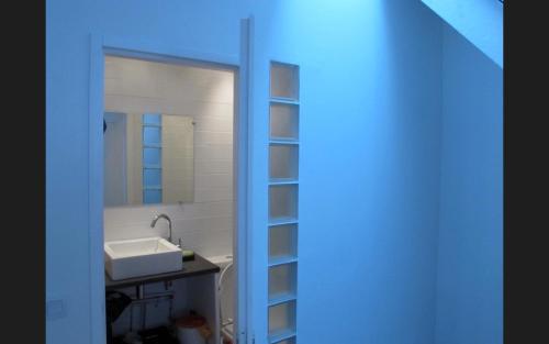 une salle de bain avec un lavabo et un miroir dans l'établissement Collioure Duplex, à Collioure