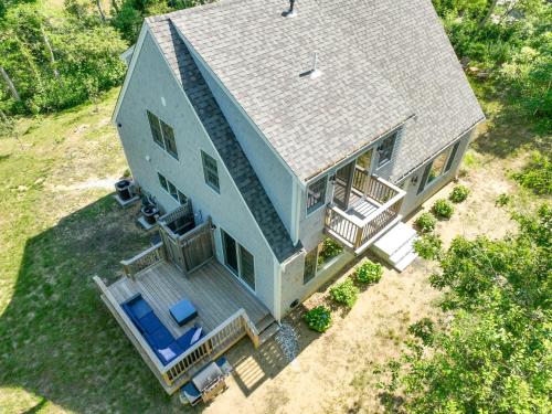 an overhead view of a blue house with a deck at Campground Beach 3 min drive in Eastham