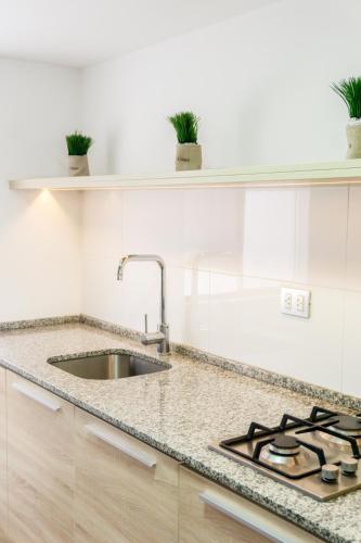 a kitchen with a sink and a counter top at Daniel's Apart Hotel in Lima